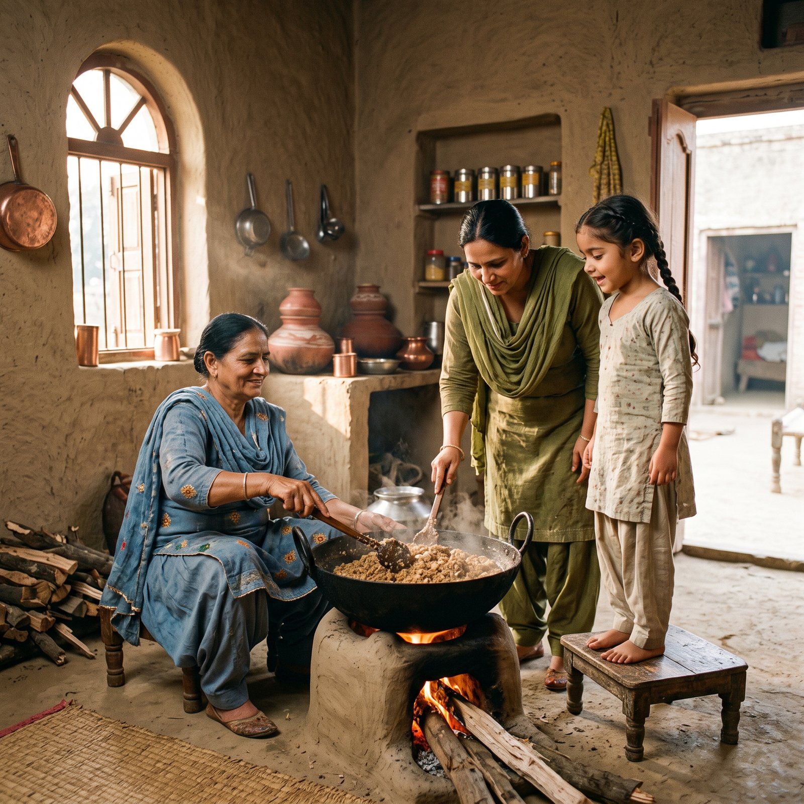 Three generations making panjeeri in a Punjab village kitchen